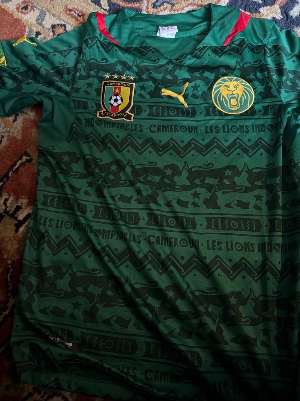Puma Cameroon Green Soccer Jersey with Yellow and Red Accents